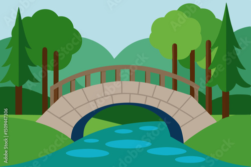 Vector illustration of a green nature landscape with trees, sky, and road leading to a summer city