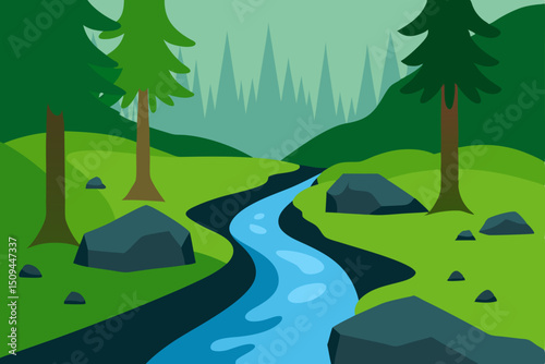 Green summer landscape with a winding road leading to blue mountains and a serene horizon