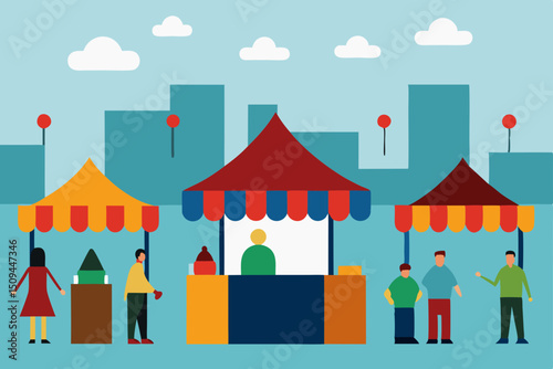 Vector illustration of a circus tent building in a cartoon city landscape
