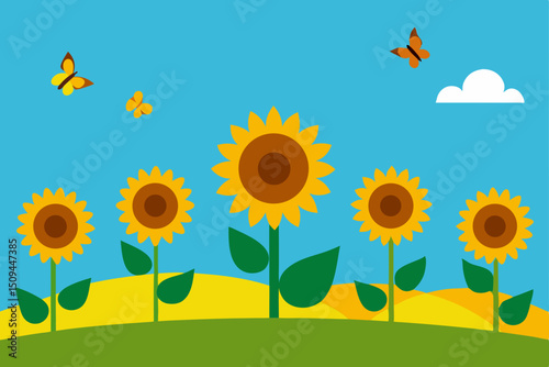 Golden sunflowers bloom brightly under the summer sky in a vibrant field, illustrating the beauty of nature's floral design