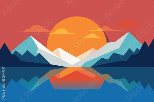 Mountain landscape vector illustration with snow-capped peaks, blue sky, and a serene view of nature