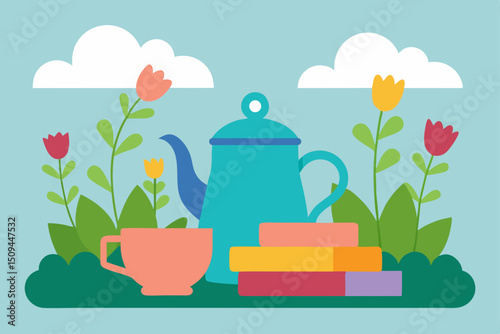 A delightful cartoon illustration of a watering can adorned with spring flowers, perfect for a garden design or greeting card