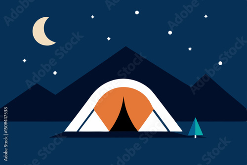 Night camping in a snowy mountain landscape vector illustration