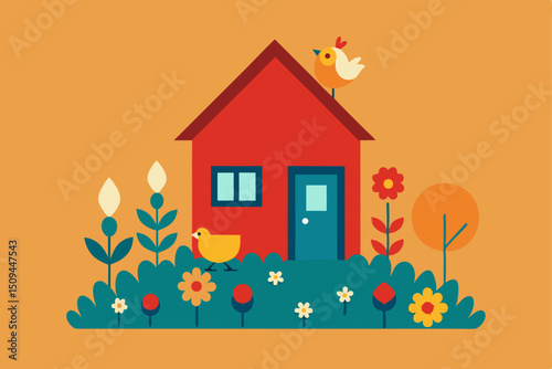Cartoon vector illustration of a cozy house with flowers and trees in a summer nature landscape