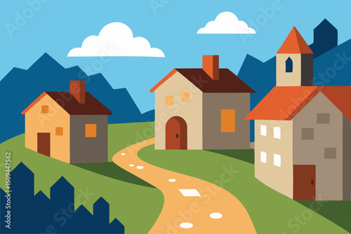 Vector illustration of a village or old town in the mountains with houses, trees, and sky