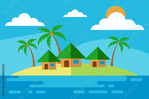 Tropical island paradise with palm trees, sun, and sandy beach in the ocean