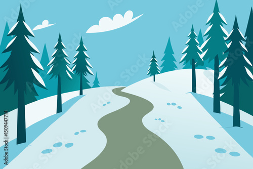 Winter forest landscape with snowy trees and cold blue sky, a perfect Christmas nature scene