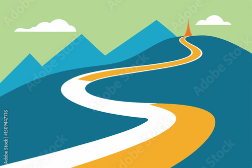 Winding asphalt road through a mountain landscape under a vast sky, illustrating a journey towards the horizon