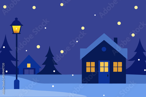 Christmas winter night landscape with snow-covered houses and festive trees