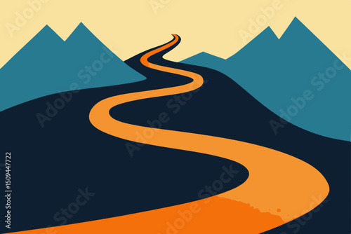 Winding asphalt highway curves through a desert landscape towards the horizon, illustrating a journey to the mountains