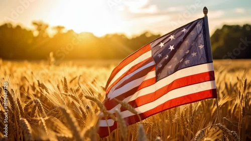 Flying American flag placed in golden wheat field illuminated by the setting sun, patriotic symbolism of farming land.