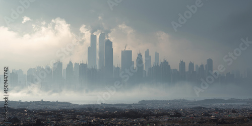 Hazy futuristic city skyline with high-rise buildings and industrial smoke at dusk
