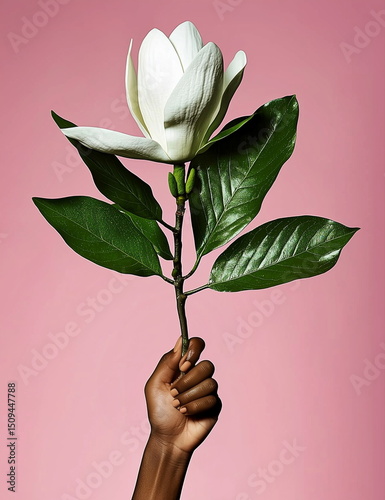 An elegant black hand holds a blooming white magnolia branch with green leaves, set against a soft pink background, symbolizing beauty, resilience, and the power of nature in a striking composition.