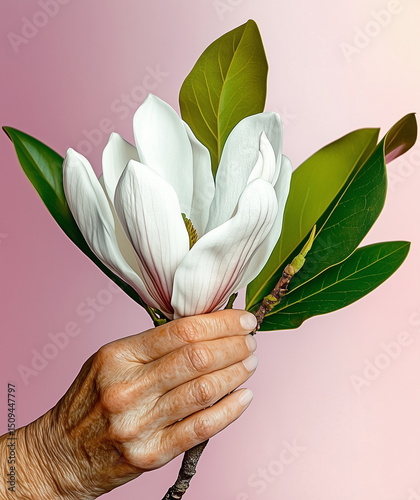 An elder woman hand gently holds a blooming white magnolia flower with lush green leaves, set against a soft pink gradient background, evoking elegance, purity, and natural beauty.