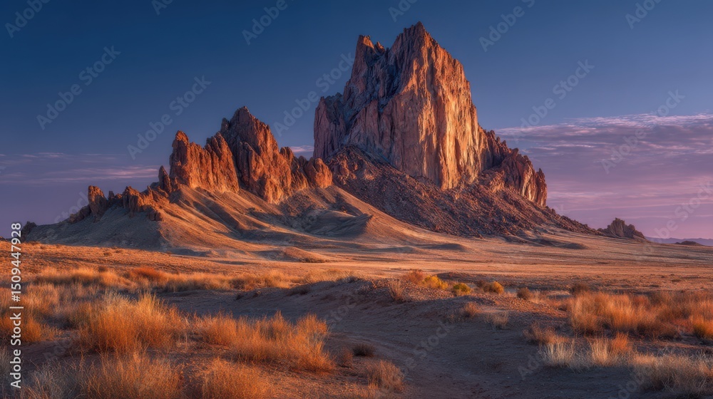 Fototapeta premium A stunning rock formation towers over the dry desert land in New Mexico during sunset. The vibrant colors of the sky enhance the natural beauty of the landscape, creating a serene atmosphere
