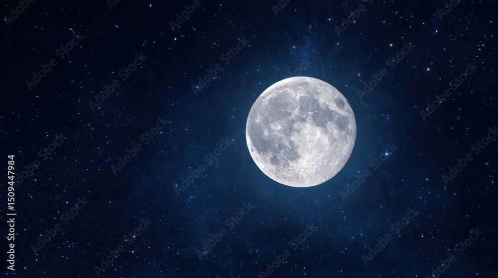 Fototapeta premium The full moon shines brightly against a dark sky, surrounded by twinkling stars, creating a serene nighttime atmosphere. Its surface details are clearly visible, enhancing the celestial view