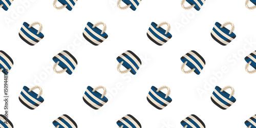 Seamless summer pattern with beach bag in navy stripes . Cartoon vector background