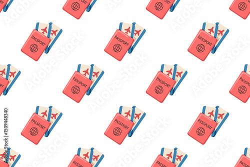 Seamless summer travel pattern with passport and tickets, placed in a repeating diagonal layout. Cartoon style vector background