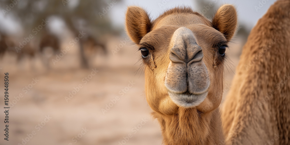 Obraz premium Smiling camel turning its head with desert herd and trees in background 