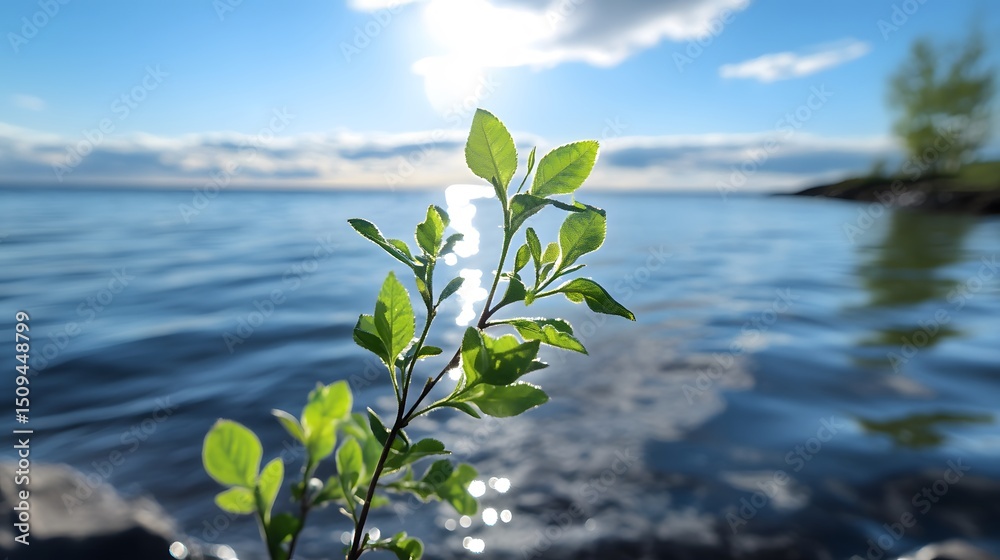 Obraz premium Tranquil Lake Scene with Sunlight on Green Leaves