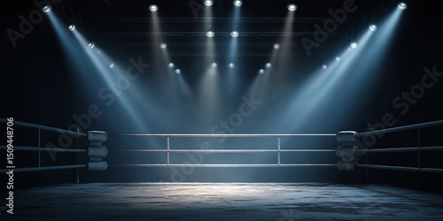 Professional boxing ring under dramatic spotlight and smoke in dark sports arena
 photo