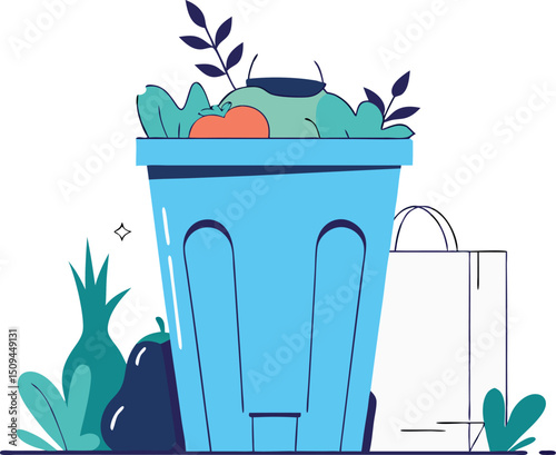 Isometric Vector of Compost Bin with Vegetable Scraps Beside Grocery Paper Bag Illustrator Artwork
