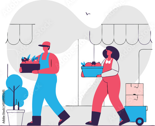 Flat Isometric Vector of Farmers Delivering Vegetables to a Local Organic Grocery