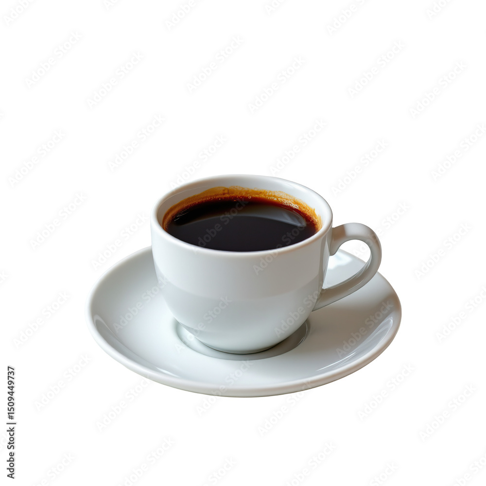 Black Coffee in White Cup on Plate, Isolated on Light Background, Perfect for Cozy Mornings and Cafes Black Coffee in White Cup on Plate, Isolated on Light Background, Perfect for Cozy Mornings and Cafes