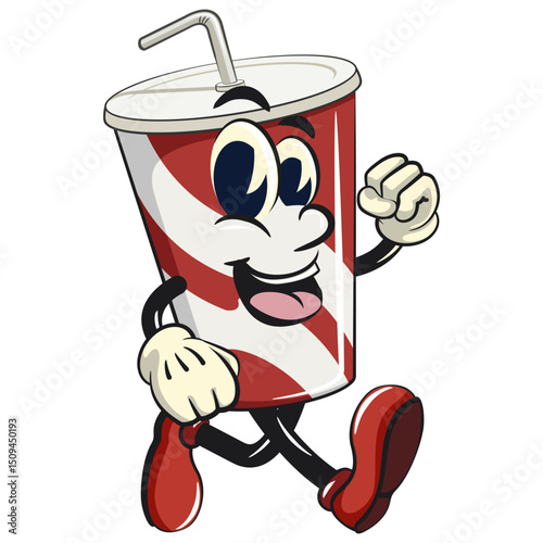 soft drink paper cups retro vektor illustration mascot character walking, work of hand drawn