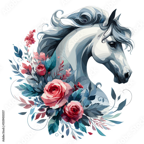 White Horse. Flowers. Horse head.  Portrait. Watercolor style. Isolated on a white background. Banner. Vector illustration, AI