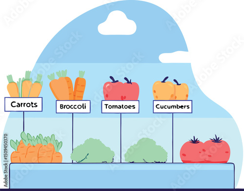 Flat Isometric Vector of Colorful Vegetable Aisle with Price Labels and Signage

