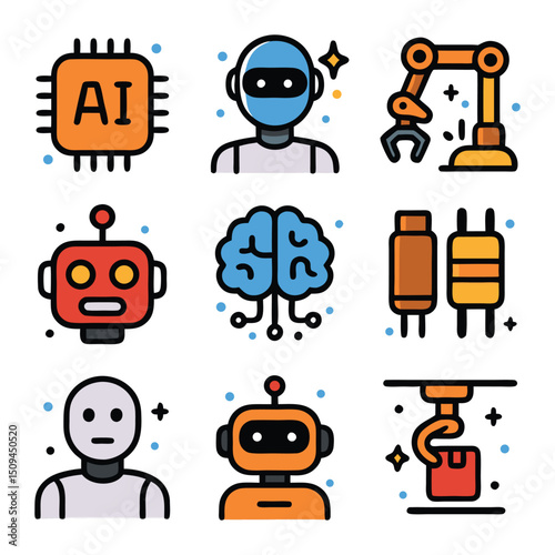 Robot icon packs with AI icons suitable for tech websites, presentations, infographics, and designs needing modern tech visuals.