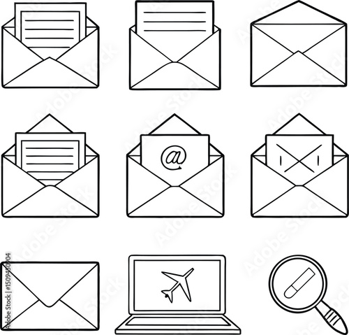 Line art illustration of envelopes laptop with airplane and a magnifying glass on a white background