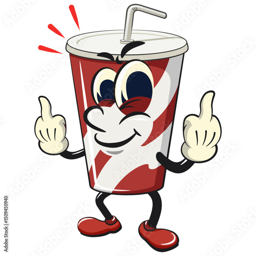 soft drink paper cups retro vektor illustration mascot character raising two middle finger, work of hand drawn