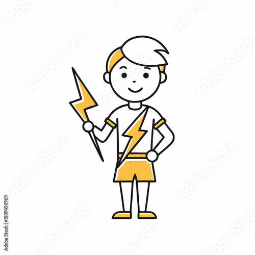 Boy superhero cartoon character holding lightning bolt