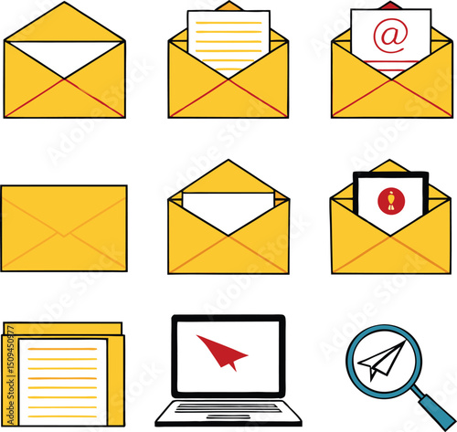Illustration of email envelopes laptop and magnifying glass with paper airplane symbol