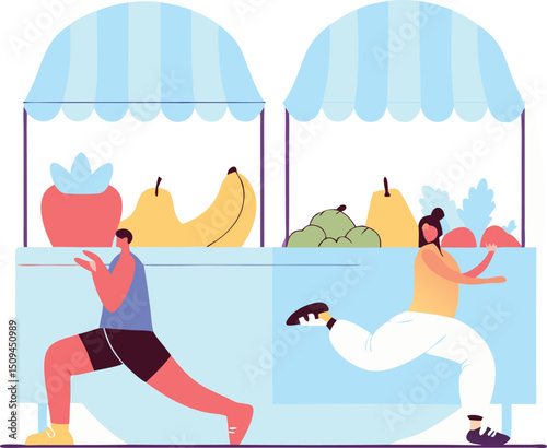 Healthy lifestyle promotion in a market setting – flat isometric vector Illustrator Artwork