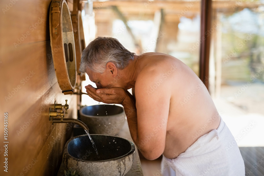 Fototapeta premium Guest splashing water from brass faucet and washing face over stone basin in wooden spa area