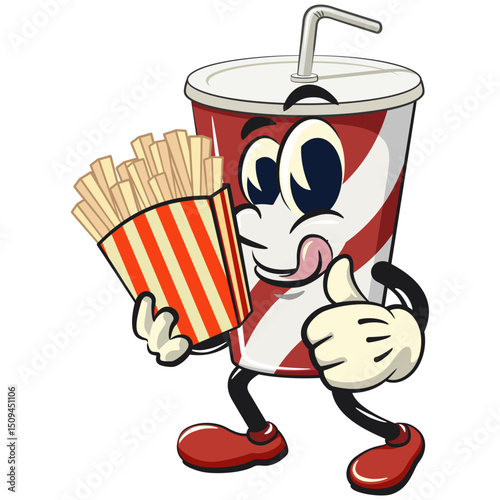 soft drink paper cups retro vektor illustration mascot character brought a box of french fries, work of hand drawn