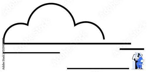 Large cloud shape representing data, lines suggesting connectivity, and person uploading files on a device. Ideal for technology, data transfer, cloud computing, storage management, remote work