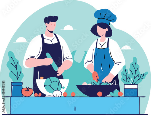 Isometric Characters Cooking with Eggplant, Cabbage, and Fresh Herbs in a Kitchen Scene

