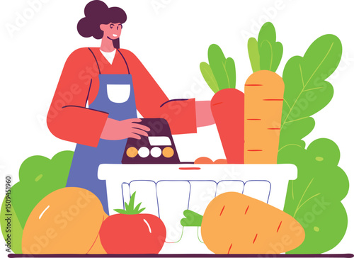 Isometric Illustration of Cashier Scanning Fresh Groceries Including Carrots at Checkout Illustrator Artwork