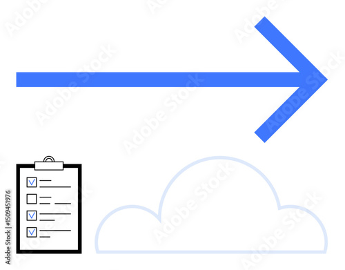 Blue arrow pointing right above minimal cloud and task checklist with checkmarks. Ideal for workflow, productivity, cloud storage, organization, task management, guidance, and simple landing page