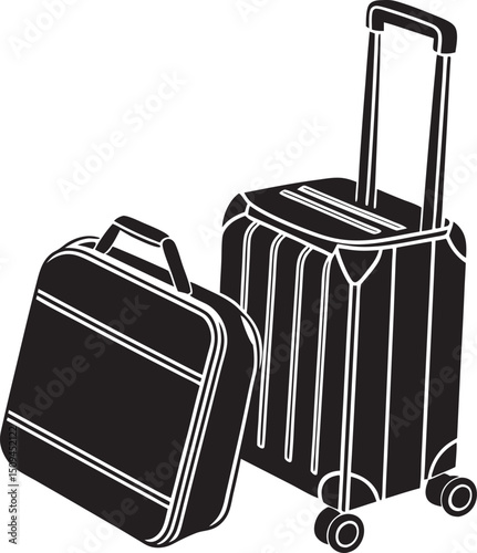 3D black wheeled suitcase for travel. Cabin luggage. A plastic bag for a flight. Journey concept. Time for tourism and vacation. Booking your next trip. Cartoon design icon set. 3D Vector