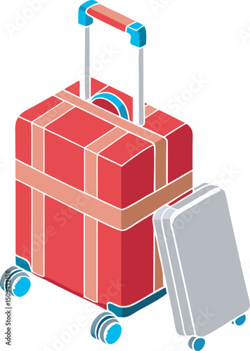 3D Blue wheeled suitcase for travel. Cabin luggage. A plastic bag for a flight. Journey concept. Time for tourism and vacation. Booking your next trip. Cartoon design icon set. 3D Vector illustration 