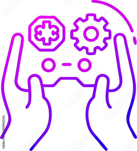 Hands holding a game controller with gear icons representing game development or control