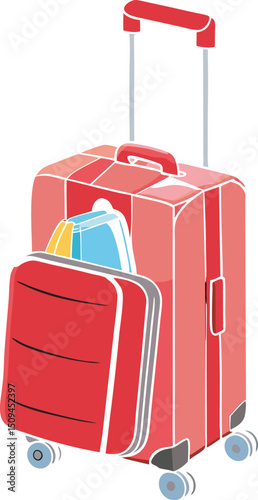 3D Blue wheeled suitcase for travel. Cabin luggage. A plastic bag for a flight. Journey concept. Time for tourism and vacation. Booking your next trip. Cartoon design icon set. 3D Vector illustration 