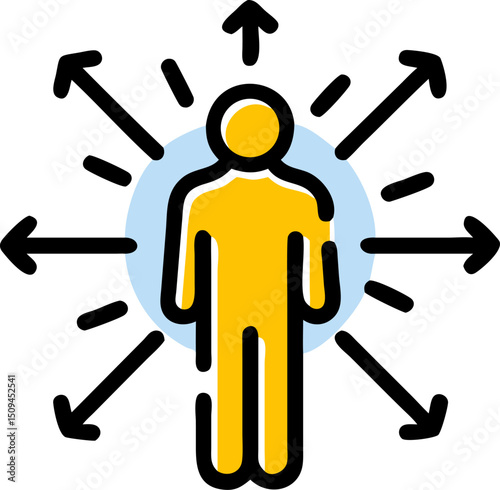 Person centered multidirectional arrows icon graphic