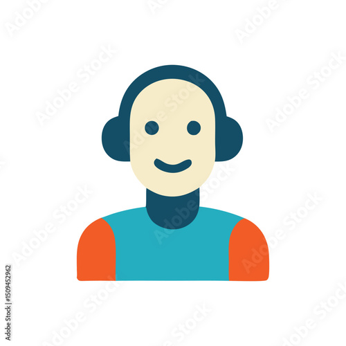 Digital assistant icon with a smile enjoying music through headphones. Suitable for technology, AI, customer service, and music related designs or articles.