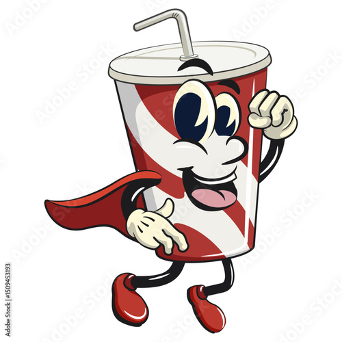 soft drink paper cups retro vektor illustration mascot character as flying superhero wearing a robe, work of hand drawn